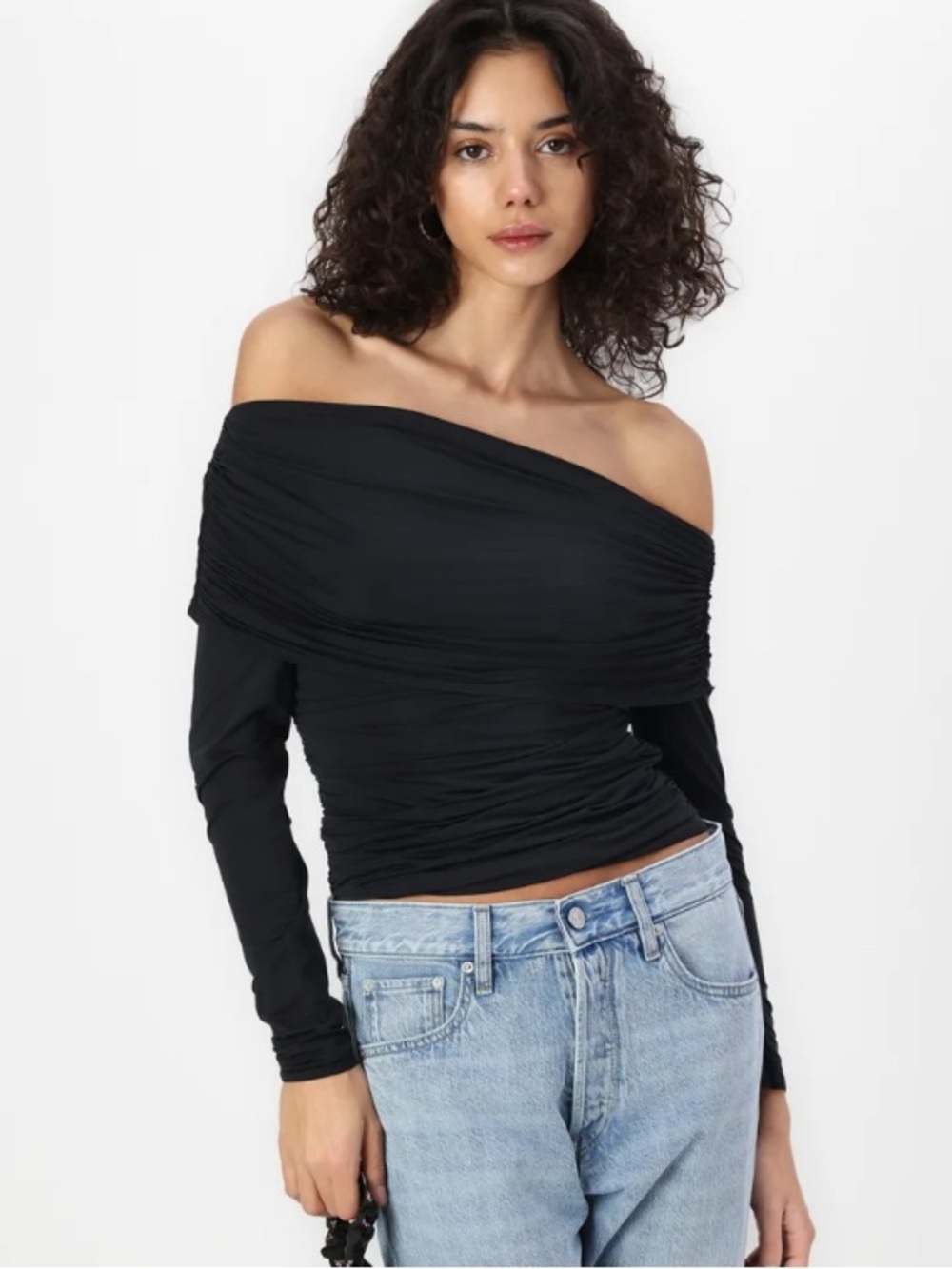 Abercrombie Off-Shoulder Ruched Long-Sleeve Top - Black